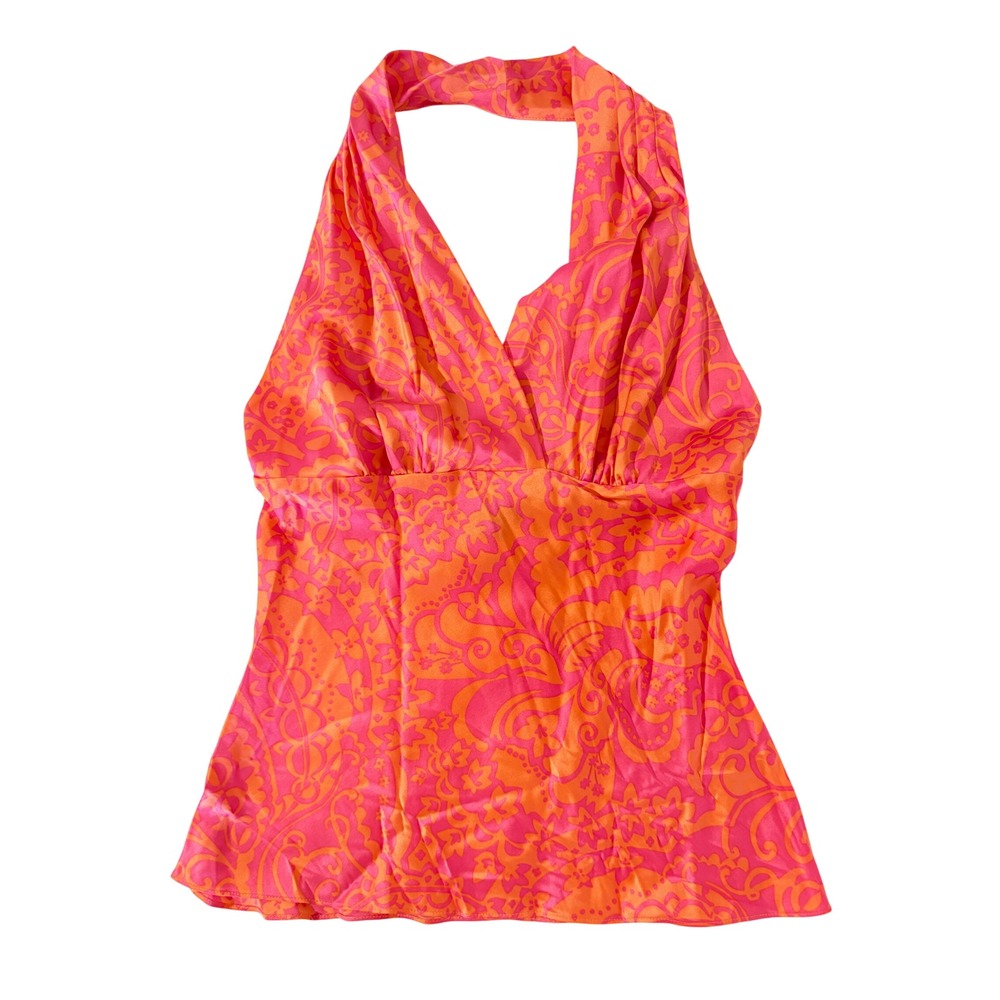 Express Womens XS Pink Orange Floral Paisley Silk Blend Y2K Halter Top V-Neck